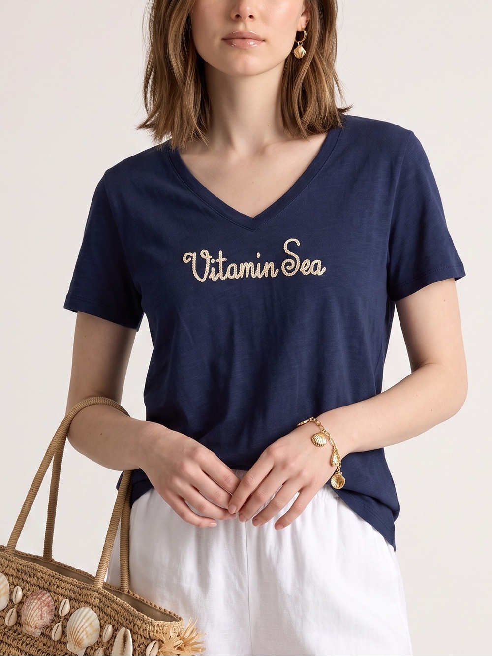 Belle Beach Kim Gravel Navy Vitamin Sea Graphic Tee Top Coastal Grandma Vacation